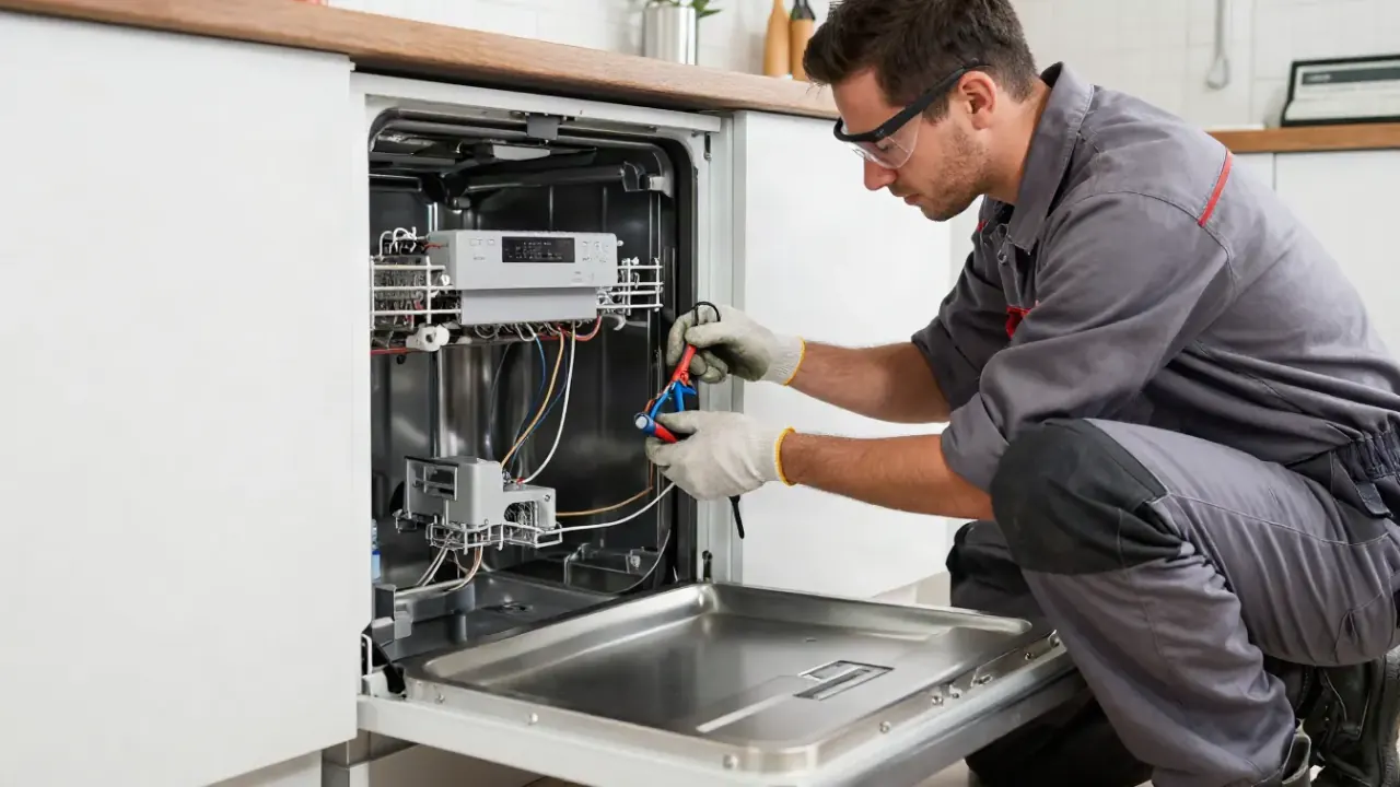 Dishwasher Repair in Los Angeles: appliance technician troubleshooting the control panel wiring of a dishwasher, with the