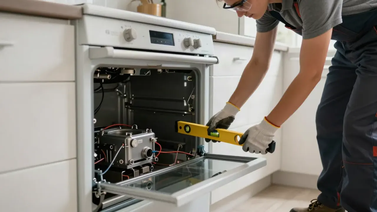 Appliance Installation Services in Los Angeles: appliance technician carefully leveling a new freestanding range in a