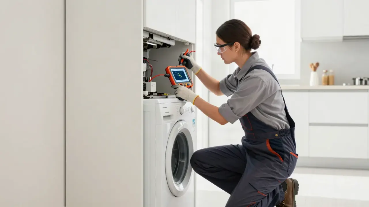 Appliance Repair in Los Angeles: appliance technician using a specialized diagnostic tool that displays a graphical