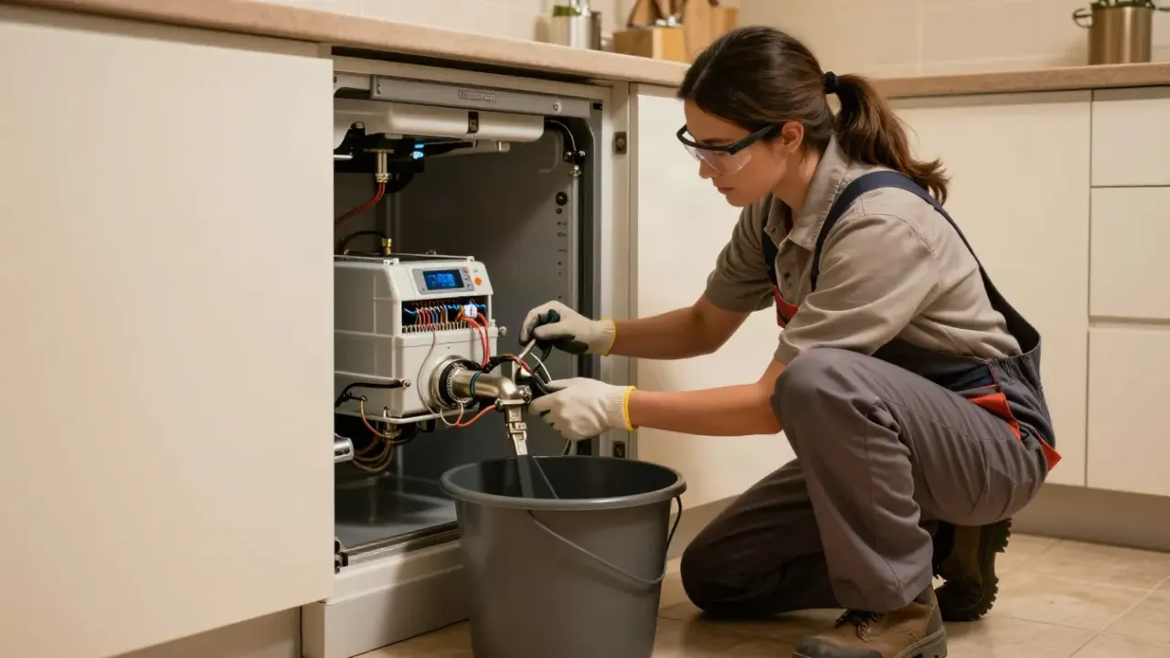 Garbage Disposal Repair in Los Angeles: appliance technician replacing a leaking seal on a garbage disposal connection, with