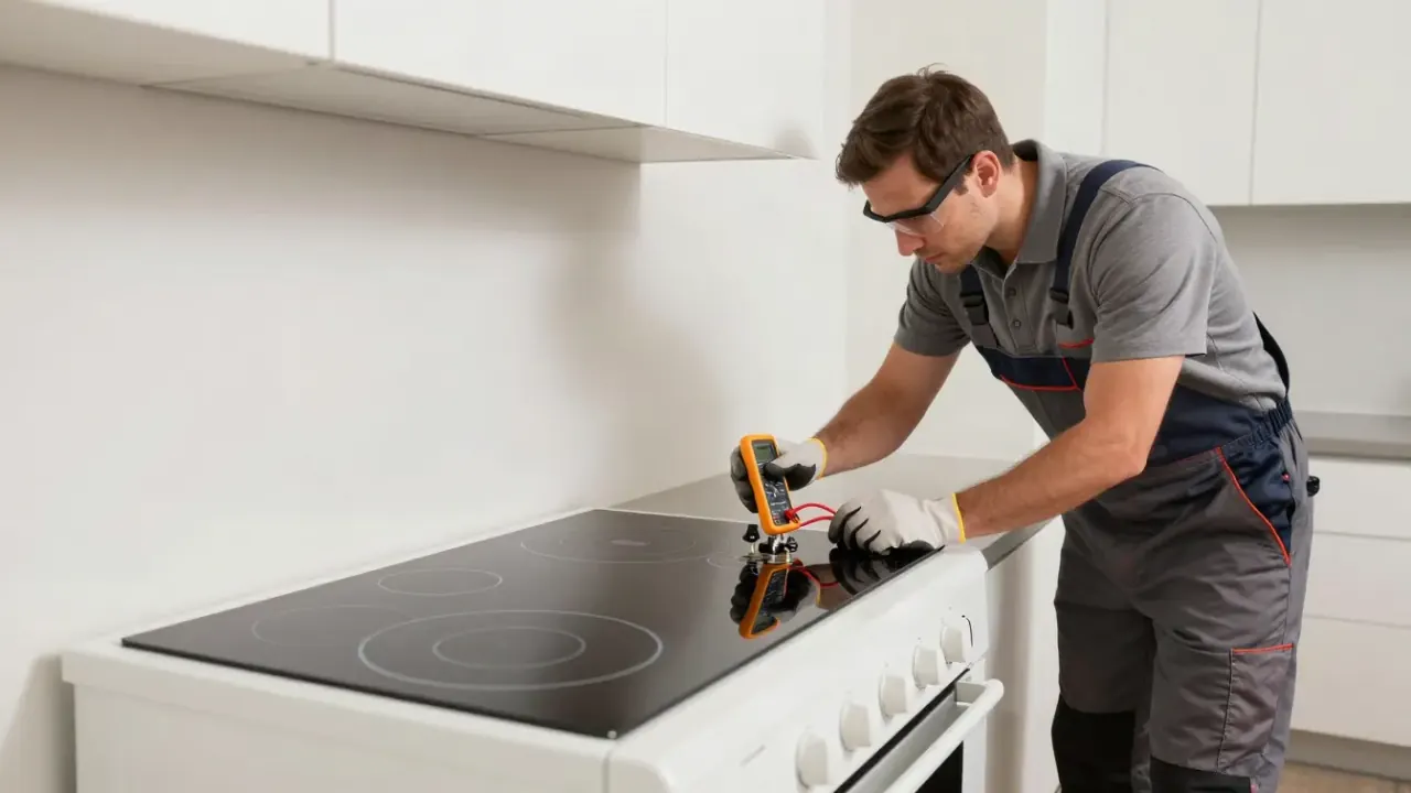 Cooktop Repair in Los Angeles: appliance technician testing the heating elements of an electric radiant cooktop with a