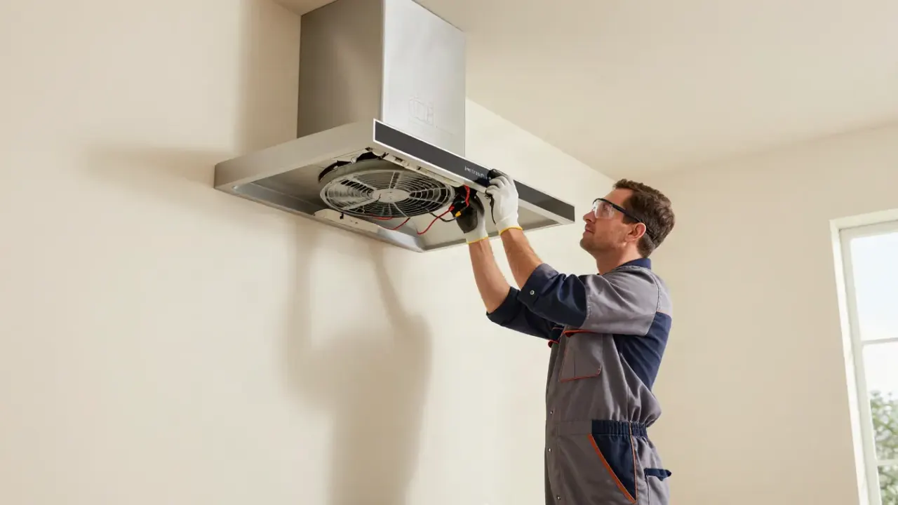 Range Hood Repair in Los Angeles: appliance technician troubleshooting the fan motor wiring of a ducted range hood, with the