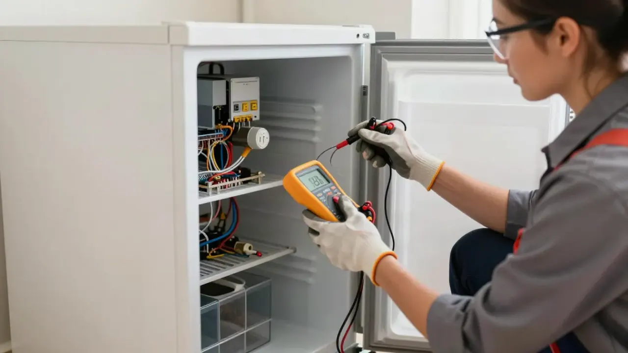 Freezer Repair in Los Angeles: appliance technician testing the thermostat function of a standalone freezer with a