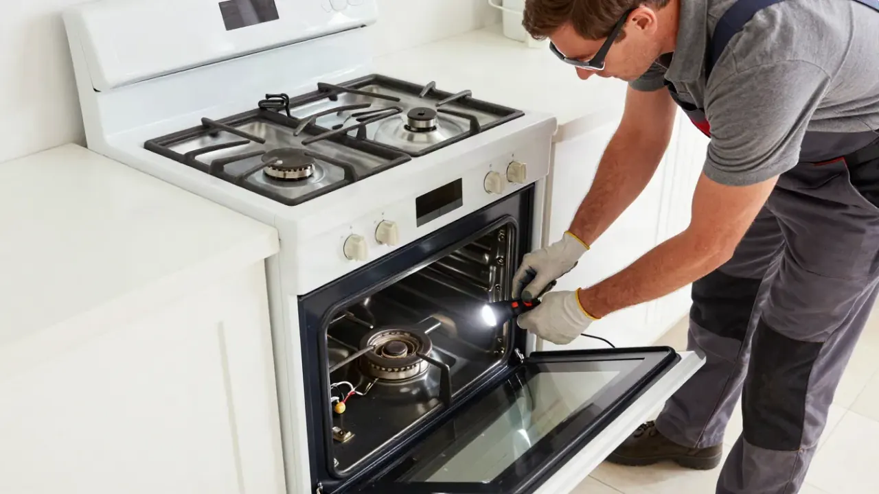 Stove Repair in Los Angeles: appliance technician inspecting the oven igniter on a freestanding gas range, with the bottom