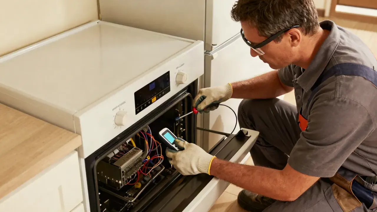 Oven Repair in Los Angeles: appliance technician recalibrating the temperature sensor of a range oven, using a digital