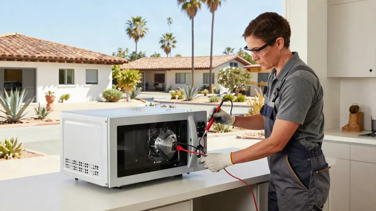 Microwave Repair in Los Angeles: appliance technician testing the magnetron tube of an over-the-range microwave oven with a