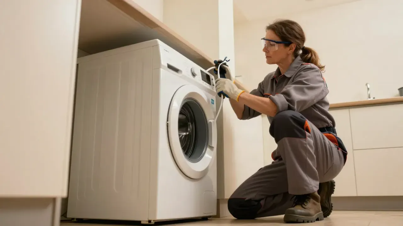 Appliance Maintenance Services in Los Angeles: appliance technician inspecting the water lines and connections of a washing