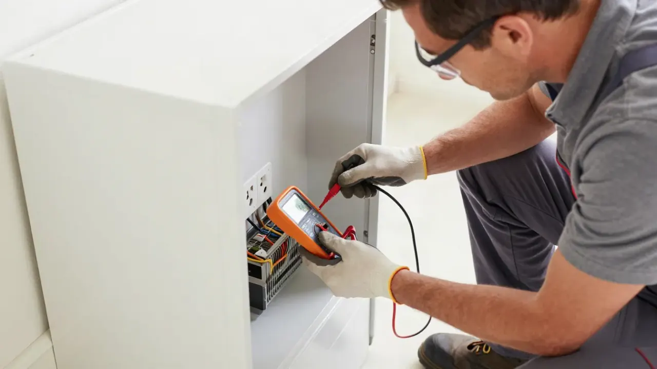 Appliance Repair in Los Angeles: close-up of an appliance technician's hands using a multimeter to test voltage at an