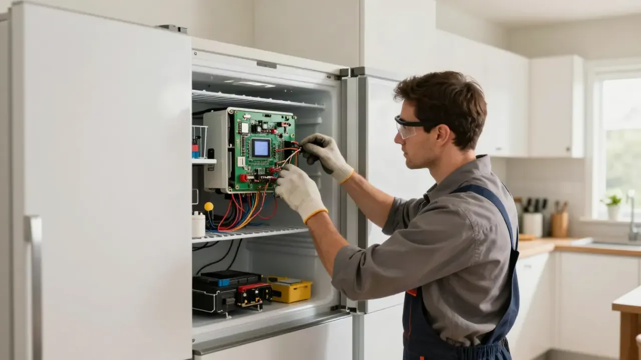 Refrigerator Repair in Los Angeles: appliance technician troubleshooting a control board issue, carefully disconnecting