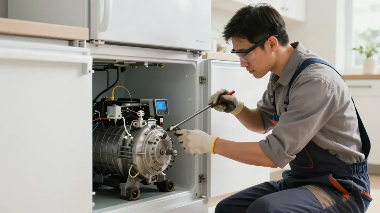 Appliance Repair in Los Angeles: appliance technician, wearing safety glasses, carefully using a torque wrench to tighten
