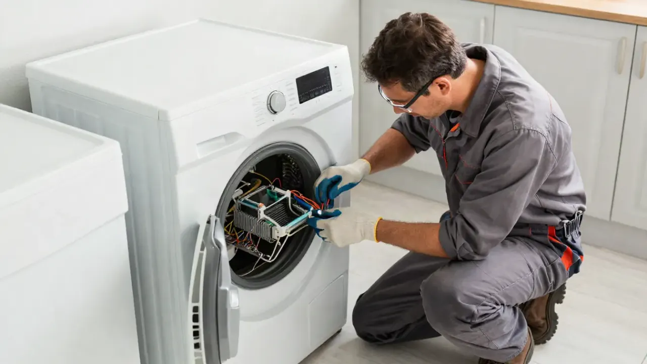 Same-Day Appliance Repair in Los Angeles: appliance technician swiftly replacing a faulty dryer heating element, working