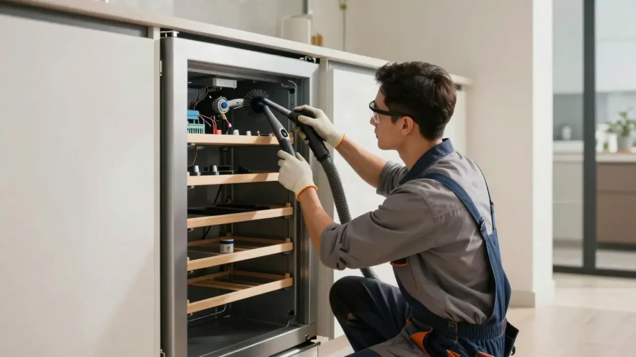 Wine Cooler Repair in Los Angeles: appliance technician checking the condenser coils at the rear of a built-in wine cooler
