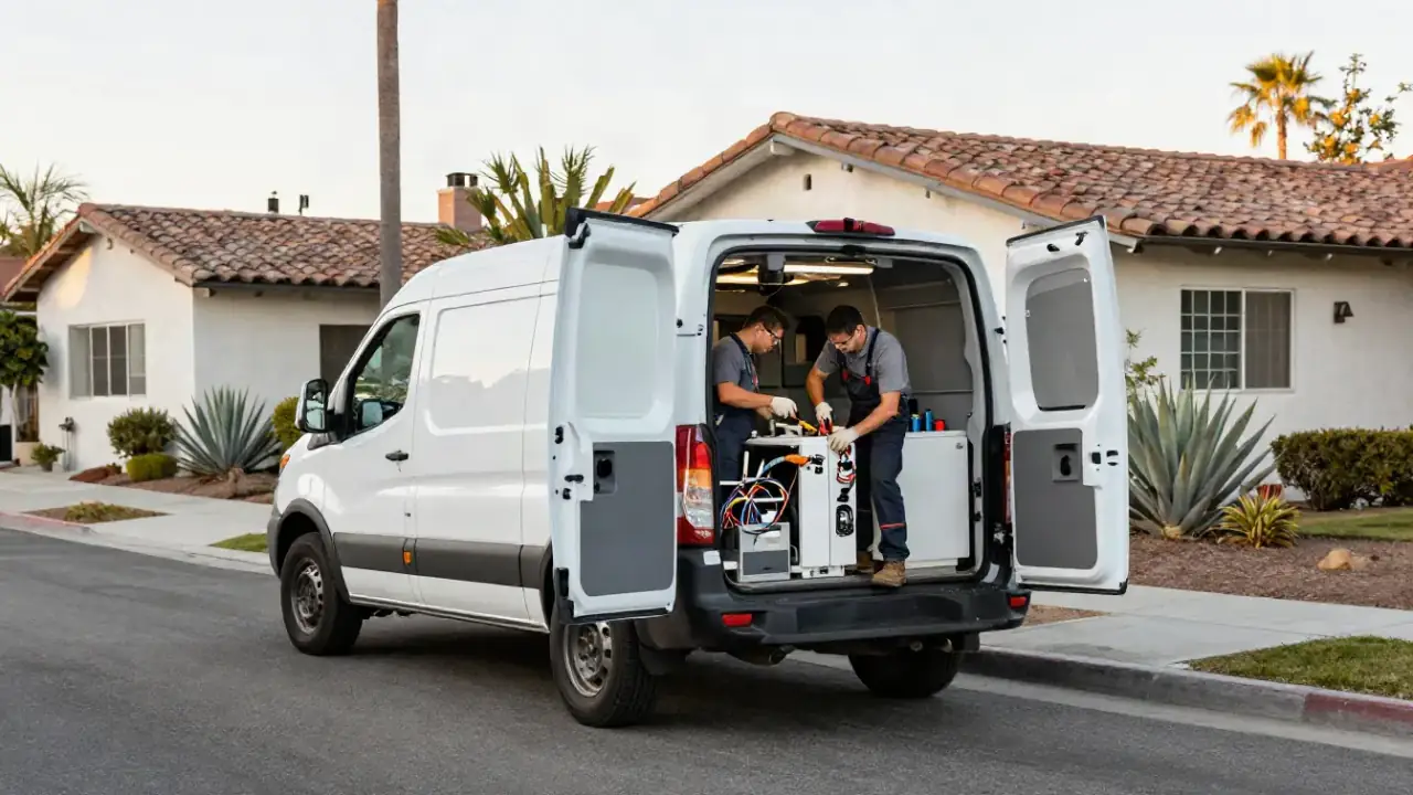 Appliance Repair in Los Angeles: wide shot of a clean, organized appliance service vehicle parked on a residential street in