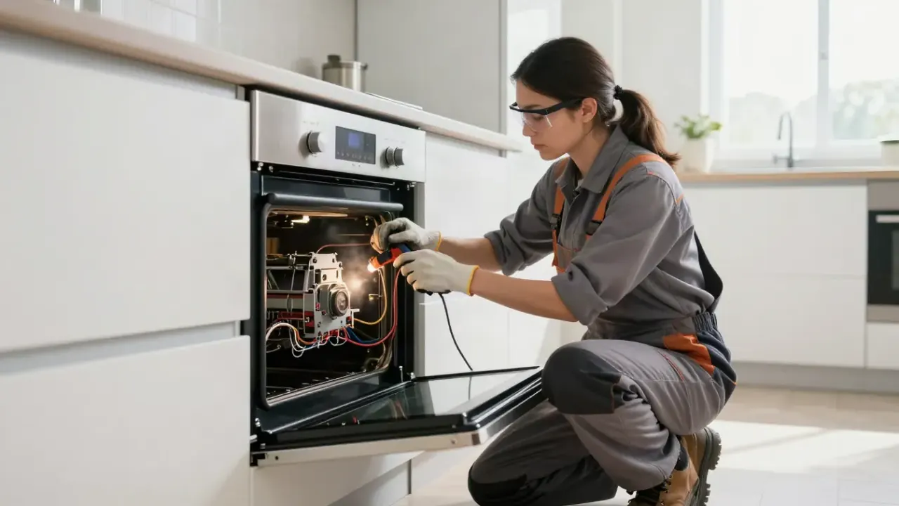 Emergency Appliance Repair in Los Angeles: appliance technician working under dim light to replace a critical component in